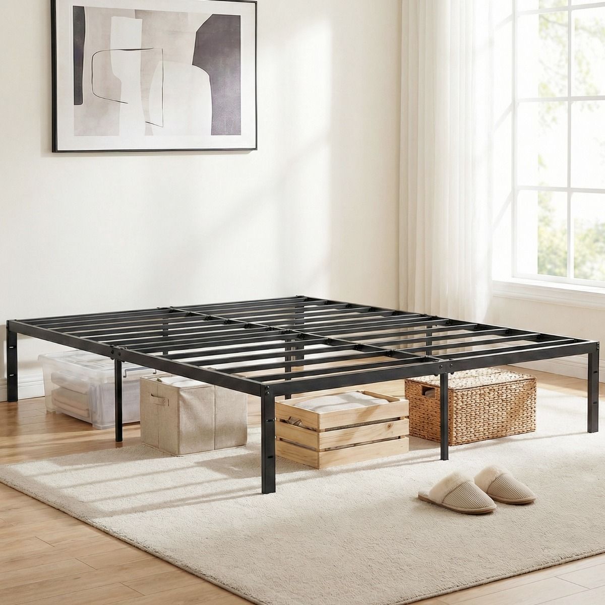 Lit plateforme Coast - sommier à lattes métalliques - espace de rangement sous le lit - 160 x 200 cm - noir