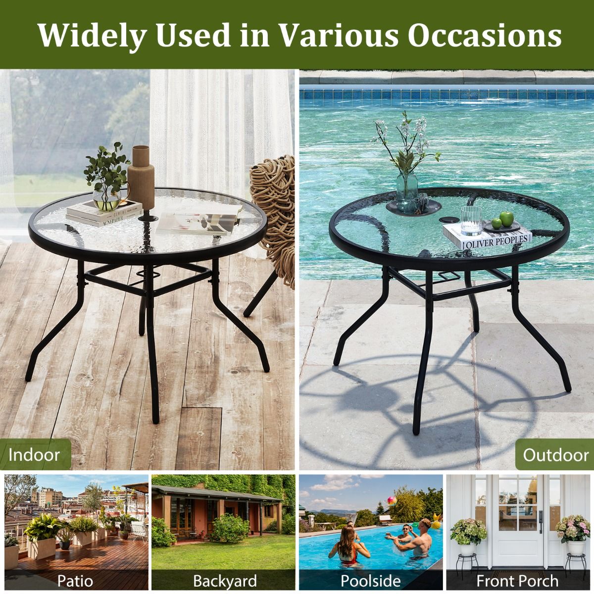 Table d'appoint ronde Coast pour l'extérieur - Plateau en verre trempé - Trou pour parasol de 4,2 cm - Noir 70 x 70 x 45,5 cm
