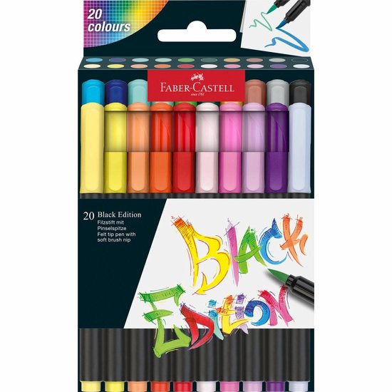 Stylos pinceaux Faber-Castell - Édition noire - 20 couleurs dans un étui en carton - FC-116452