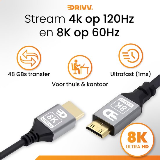 Drivv. Câble Premium Mini HDMI vers HDMI 2.1 - 8K 60Hz / 4K 120Hz Ultra HD - 3 mètres - Gris - Convient aux appareils photo, tablettes et ordinateurs portables
