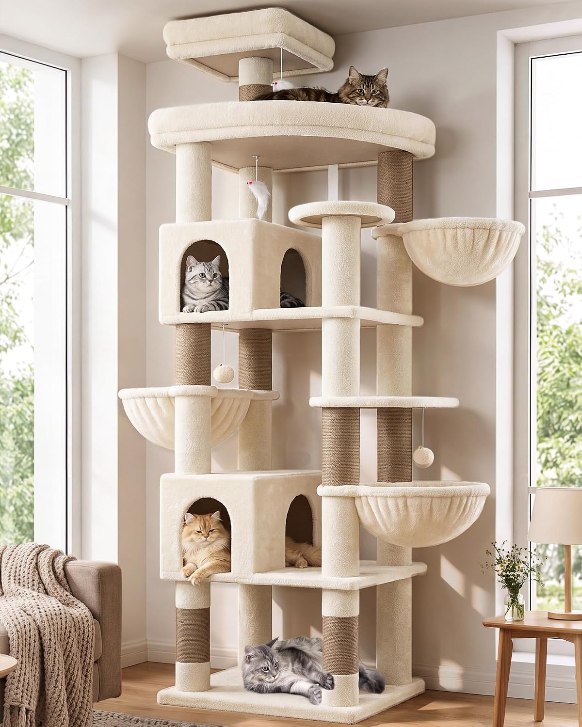Arbre à chat Yaheetech 174,5 cm – avec 2 maisonnettes, un hamac et des poteaux en sisal, beige