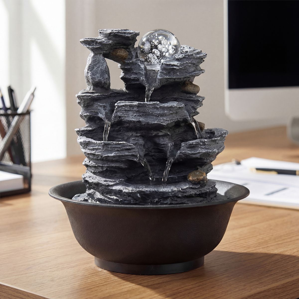 Fontaine de table Coast - Cascade effet rocher - Éclairage LED - Noir - 21,5 x 26 cm