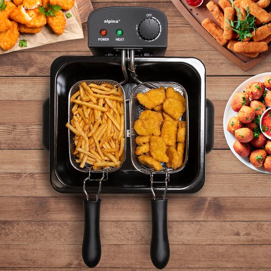 alpina friteuse double 5 litres - friteuse avec thermostat réglable - friteuse avec 3 paniers amovibles - friteuse 2000W - 27,5 x 21,5 x 30,5 cm - acier inoxydable