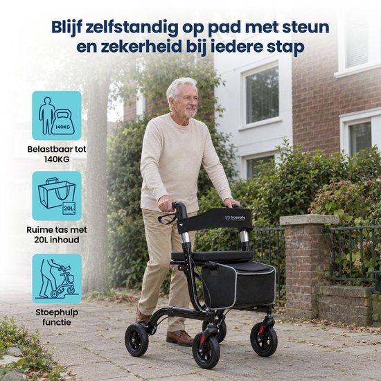 Rollator TrueSafe léger et pliable (6,9 kg) - Pour l'intérieur et l'extérieur - Avec coussin d'assise ergonomique, éclairage, dossier, support pour canne et bien plus encore - Noir