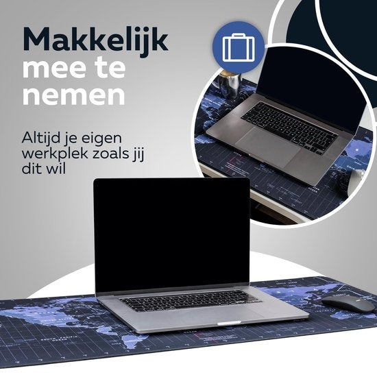 WURK Tapis de bureau professionnel - Carte du monde - Organiseur de bureau - Accessoires de bureau - Tapis de souris XXL - Antidérapant - Comprend un clip pour câble - 90x40