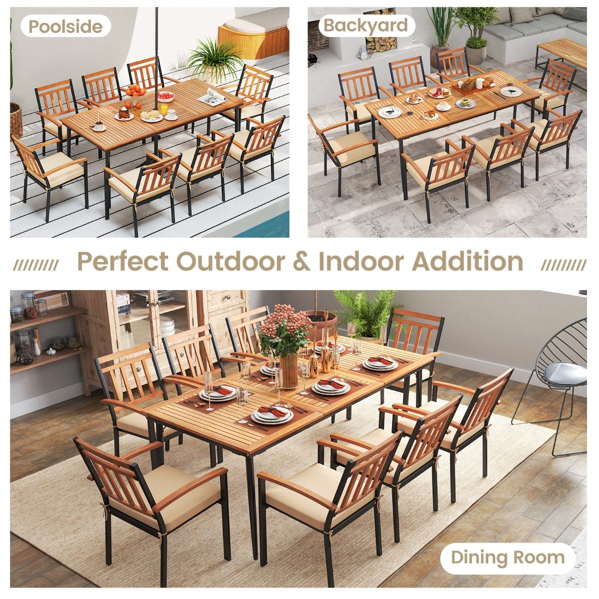 Table de jardin Coast pour 8 personnes - bois d'acacia avec pieds en métal - trou pour parasol de 5 cm - couleur naturelle et noire - 200 x 90 cm