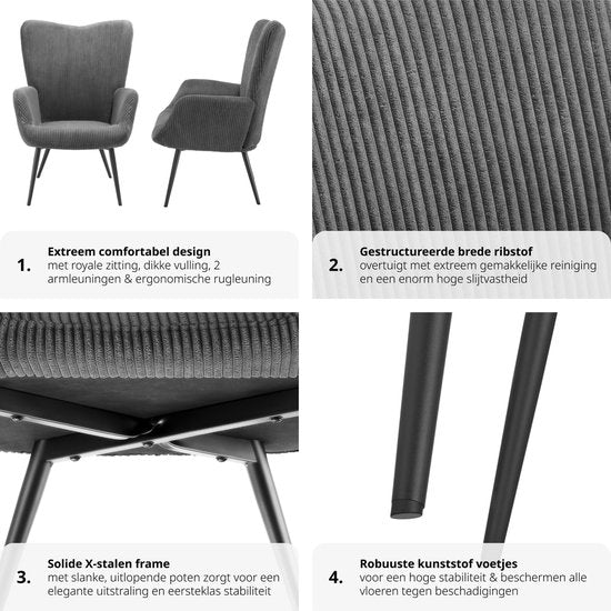 tectake® Fauteuil à oreilles de style scandinave - Velours côtelé Hygge - Chaise de salon, chambre à coucher - Chaise longue - Pieds en métal noir - Capacité jusqu'à 150 kg - Gris