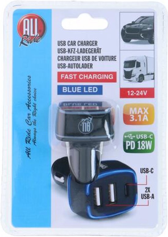 Chargeur de voiture USB All Ride - 2x connexion USB-A et USB-C - Power Delivery/ Fast Charge 18W - Connexion à l'allume-cigarette de la voiture - Plastique - Noir