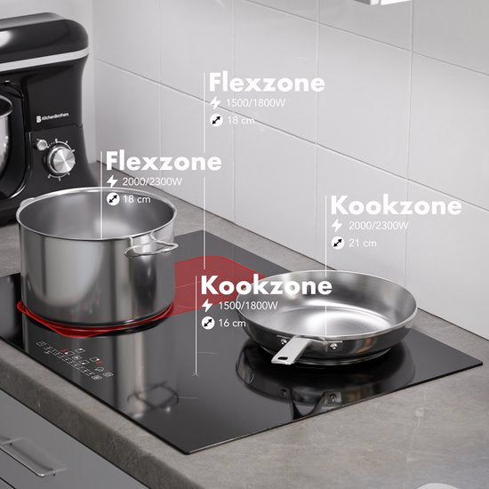 KitchenBrothers - Table de cuisson à induction encastrable - 70 cm - 4 zones de cuisson (2800W par zone) - Flex Zone & Turbo Boost - Verre & Céramique - Noir