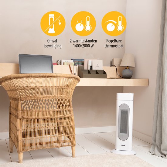 Radiateur électrique Tristar KA-5088 - Radiateur à tour en céramique - Télécommande - Convient pour 25 m² - Radiateur soufflant - Blanc