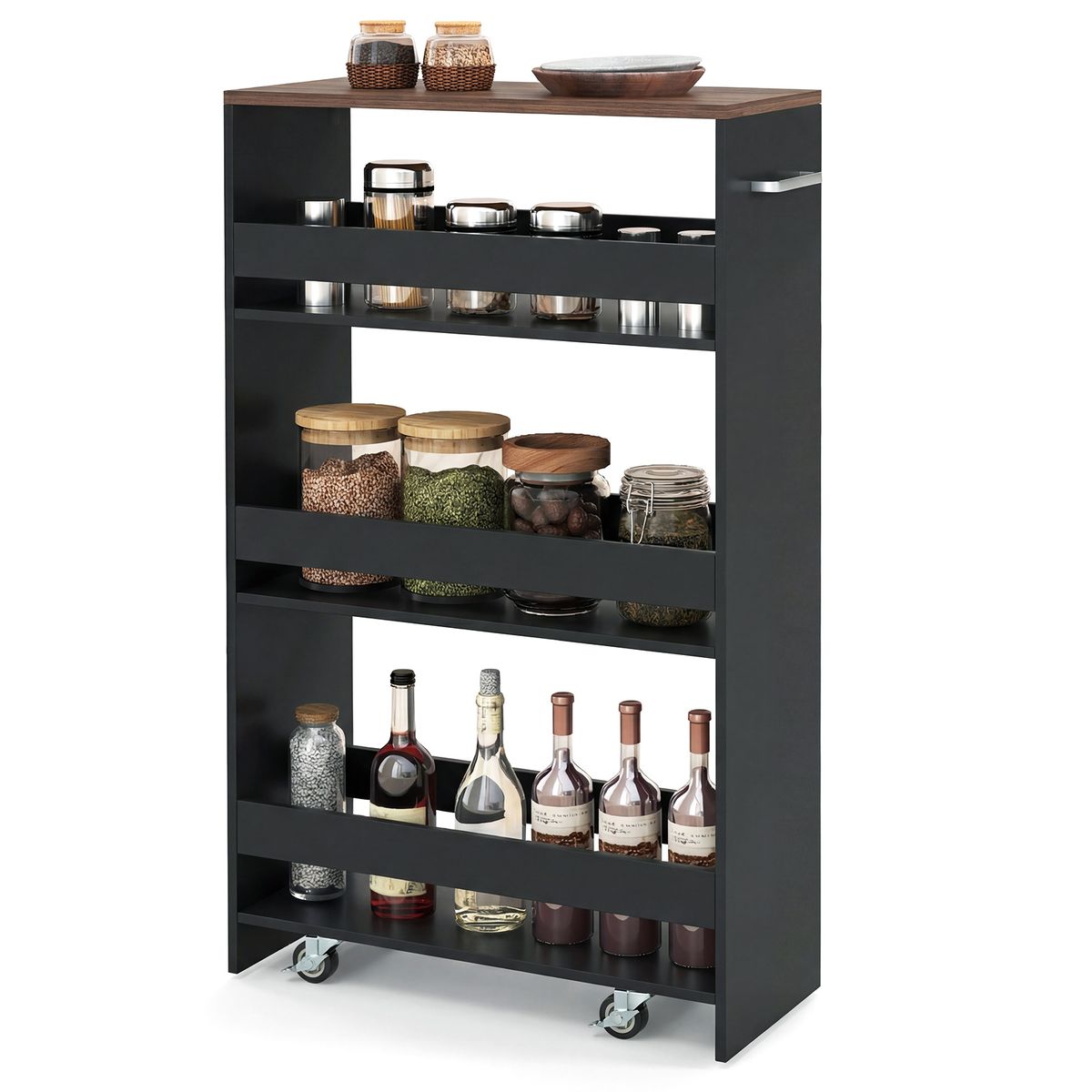Chariot de cuisine Coast - étagère étroite à niches sur roulettes - 4 niveaux - noir et marron - 47,5 x 20 x 80,5 cm
