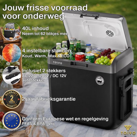 Glacière électrique Toivo - 40 litres - 12 V et 230 volts - Voiture - Réfrigérateur de camping - Refroidissement et chauffage - Frigobox - Noir
