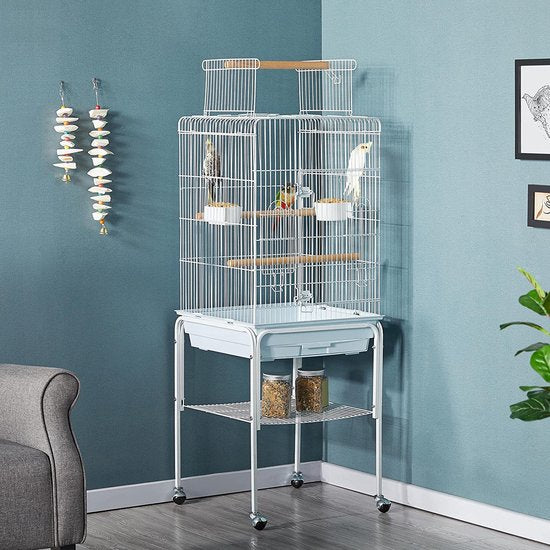 Cage à oiseaux Yaheetech pour perruches, canaris et perroquets - avec support, jouets et espace de rangement - Blanche - 46,5 x 46,5 x 136 cm