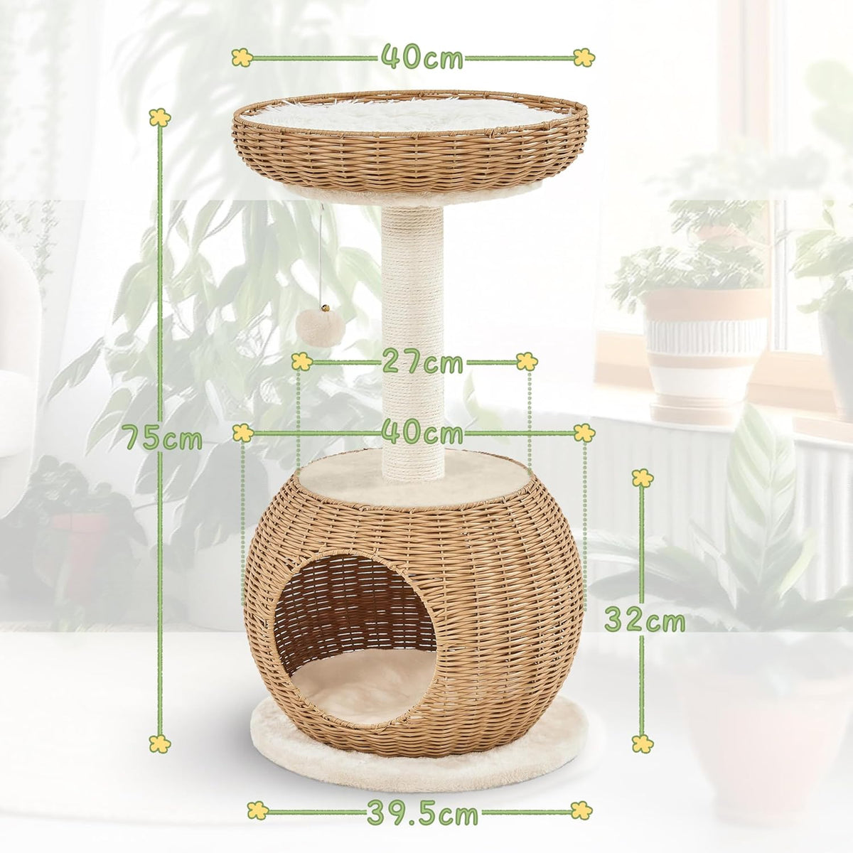 Yaheetech Cat Scratch Post with Basket and Cat House - 75 cm - Beige - Compact and Sturdy Design
