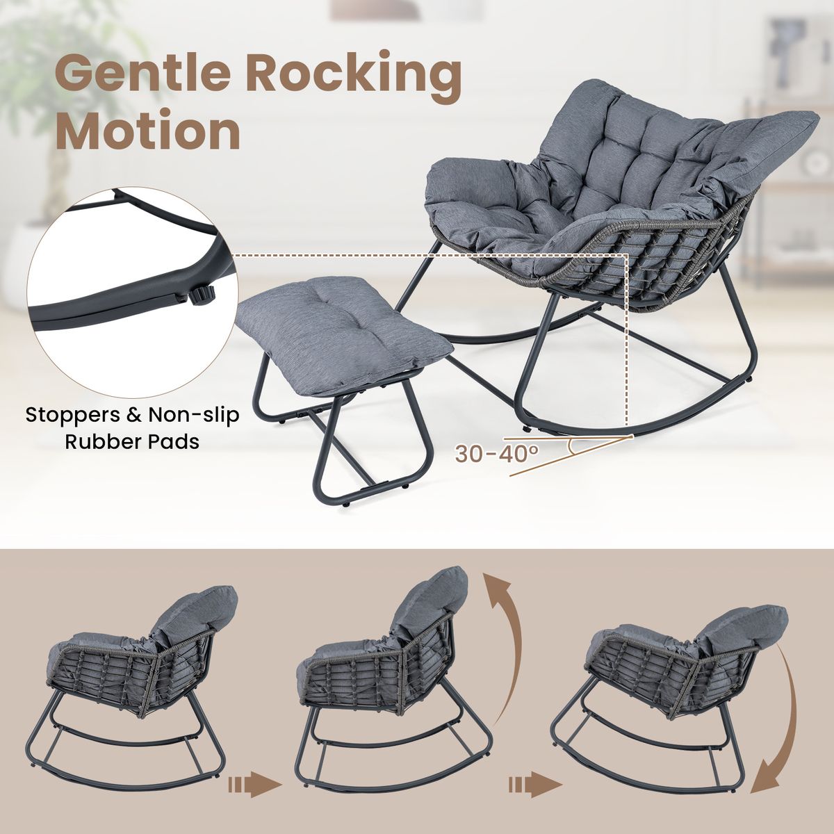 Fauteuil à bascule Coast avec repose-pieds - conception ergonomique - rotin PE et structure métallique - noir/gris/beige
