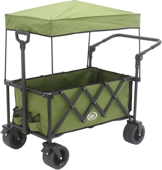 AXI SB221 Chariot pliable avec toit – Vert – Avec barre de traction, freins et housse – Capacité de charge de 100 kg – Facile à transporter – Métal