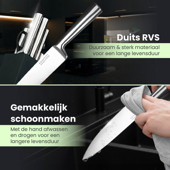 Ensemble de couteaux MoreCore avec bloc et aiguiseur - Bloc à couteaux - Couteaux de cuisine - Ciseaux de cuisine inclus - Couteau de chef - Résistant aux rayures - Acier inoxydable - Couleur argentée/noire - Cadeau pour la fête des pères