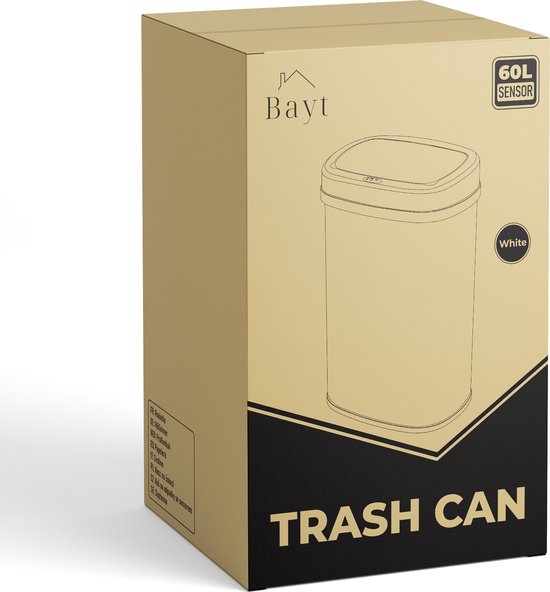 Bayt Poubelle - Poubelle 60 litres - Poubelle avec capteur - Poubelle - Corbeille - Métal - Blanc