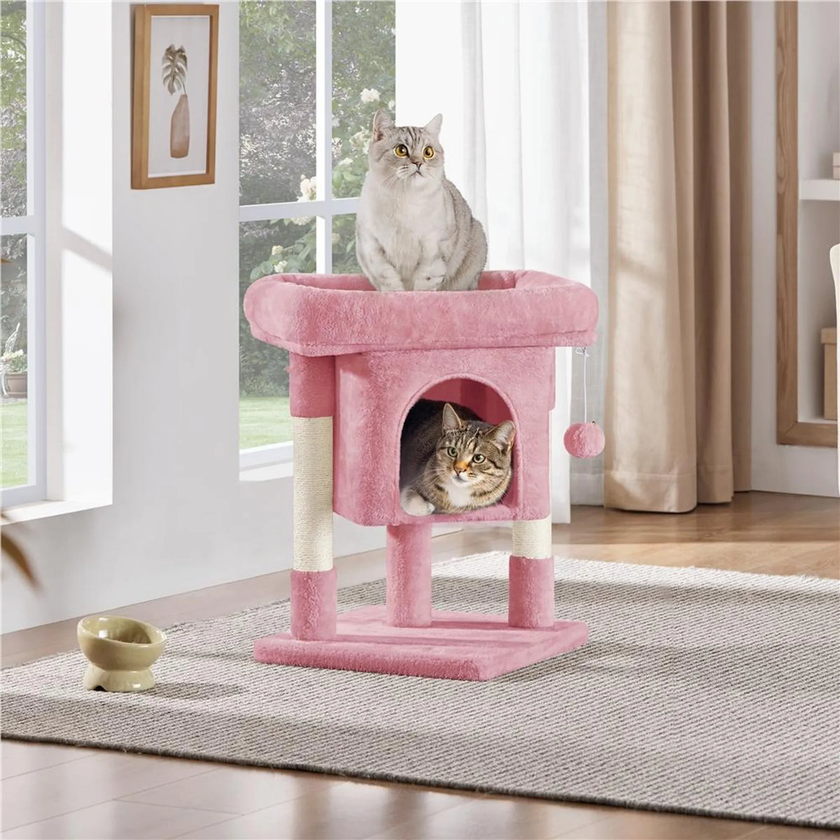 Yaheetech Scratch Post With Hammock - équipé d'un terrier pour chat, de deux poteaux en sisal et d'un endroit pour se coucher - pour chatons et petits chats - peluche rose clair et sisal - 40,5 x 40,5 x 59 cm