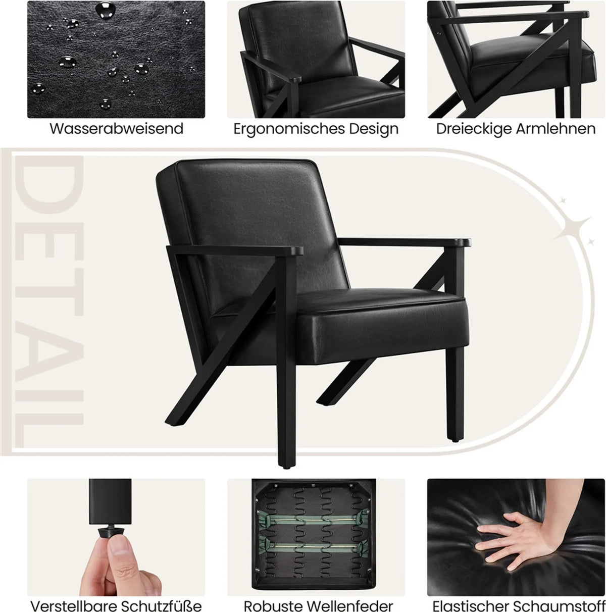 Fauteuil de salon vintage Yaheetech / Fauteuil à pieds en Z 78 x 67 x 79,5 cm – Noir mat – Simili cuir PU et bois de caoutchouc