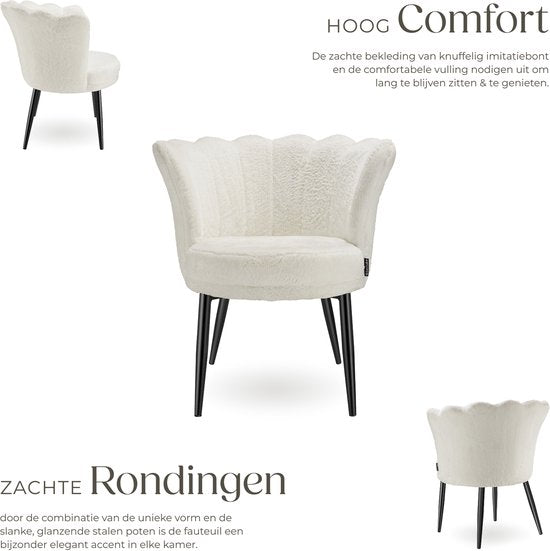 tectake® Fauteuil Stella - Fauteuil avec accoudoir - Chaise de salle à manger confortable - Chaise de cuisine - Rembourrage épais - Pour le salon et la salle à manger - Avec revêtement en fausse fourrure - crème/noir