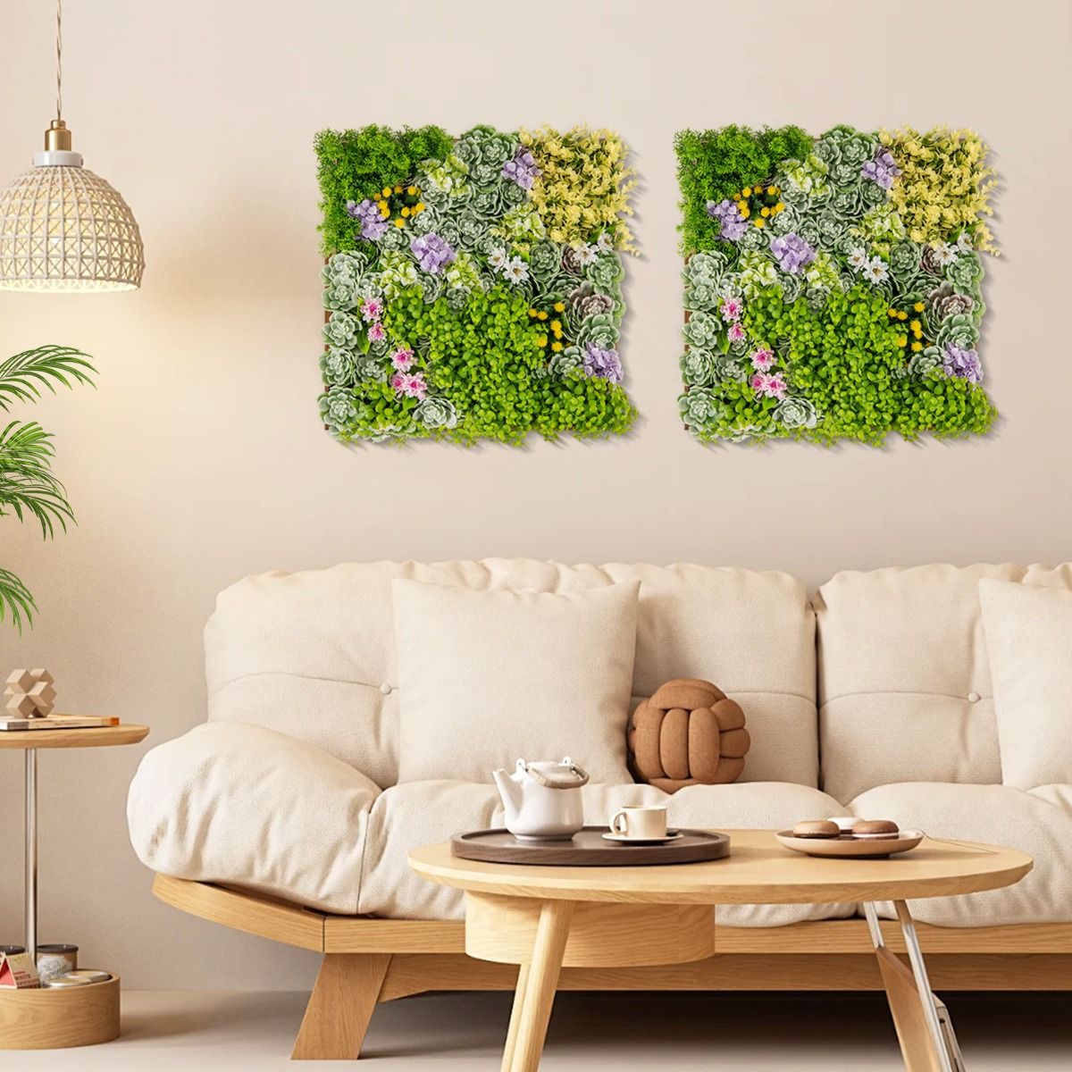 Panneaux muraux Coast avec plantes artificielles - lot de 2 - haie artificielle en 3D - mélange de 10 variétés de plantes - 50 x 50 cm - vert et marron