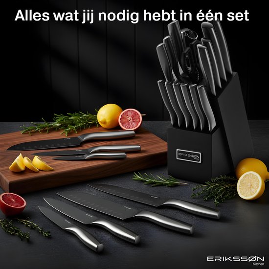 Set de couteaux de cuisine Erikssøn avec bloc de cuisine - 16 pièces - résistant aux rayures - couteaux de cuisine - couteau de chef - couteau à viande - noir