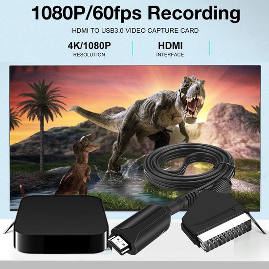 Adaptateur SCART vers HDMI - Adaptateur audio-vidéo tout-en-un SCART vers HDMI 1080p/720p - Livré avec un câble HDMI, un câble d'entrée SCART et un port de sortie HDMI - Compatible avec les téléviseurs HD, les décodeurs, les magnétoscopes VHS, la Xbox, la