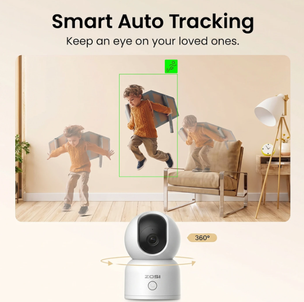 Caméra d'intérieur ZOSI - 4 MP 2,5K - Wi-Fi - Orientable à 360° - Détection de mouvement - Vision nocturne - Audio bidirectionnel - Commande via l'application