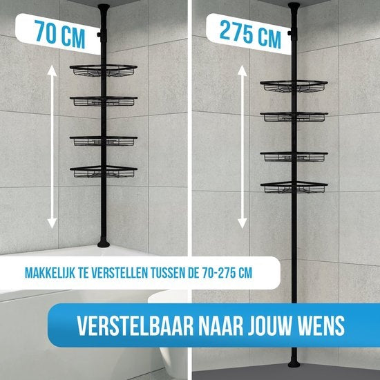 Etagère de salle de bain - Strex - Etagère de douche d'angle - Réglable - 70-275 cm - 4 paniers - Noir