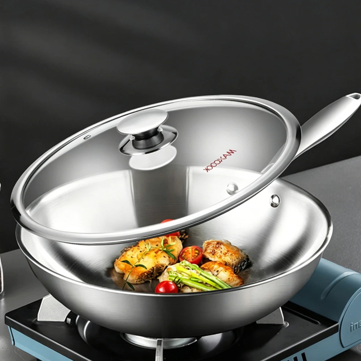 Wok Maxcook MCC7911 en acier inoxydable de 28 cm avec couvercle en verre