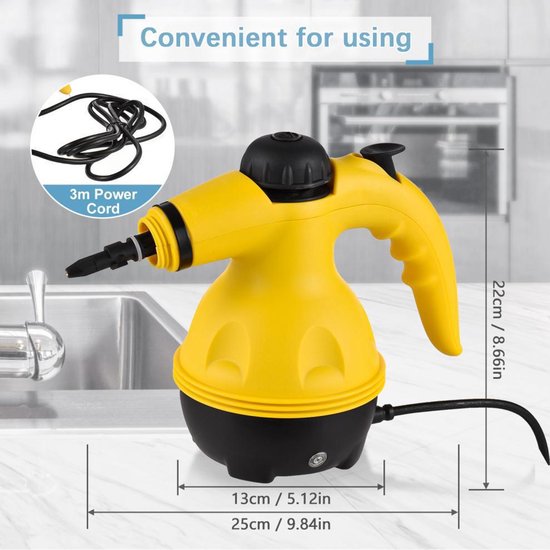 Nettoyeurs vapeur portatifs Fuegobird A001 - Nettoyeur vapeur portable 1 000 W - Détachant - Nettoyeur de tapis - 9 embouts - Sols, canapés, tapis, salle de bains et cuisine - Réservoir de 450 ml - Jaune