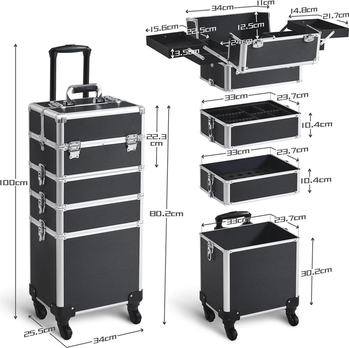 Valise de maquillage 5 en 1 Yaheetech à roulettes - Verrouillable - 34 x 25,5 x 80,5 cm - Noir