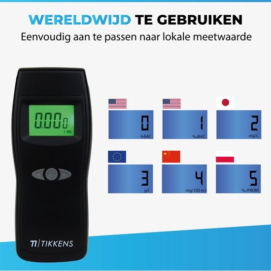 TIKKENS® Ethylotest numérique - Convient pour la France, les Pays-Bas, la Belgique, ... - Ethylotest - USB Rechargeable - Ethylotest - 10 embouts supplémentaires - Noir