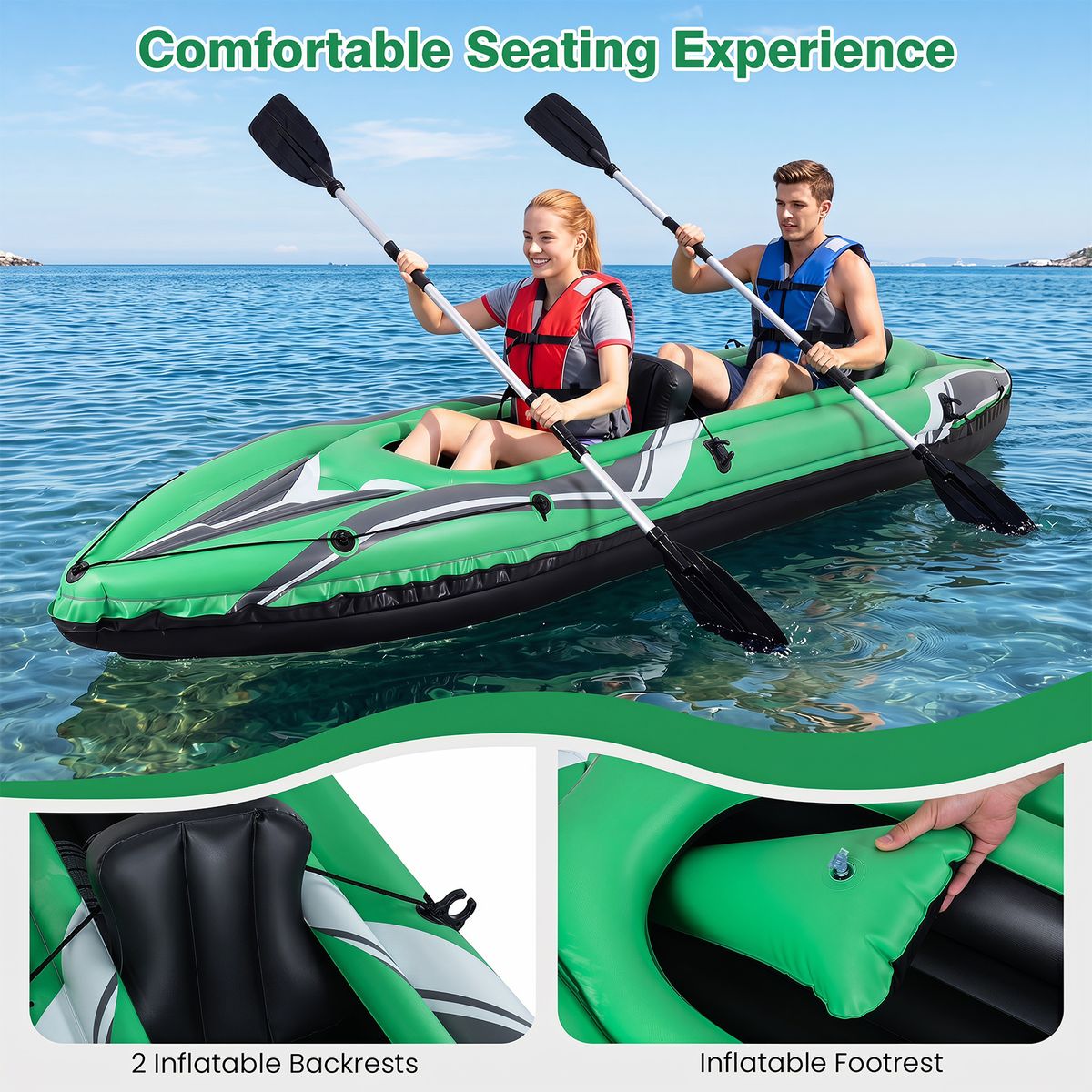 Kayak gonflable Coast pour 2 personnes - PVC renforcé - avec pagaies en aluminium et dossiers - vert/noir 350 x 78 x 47 cm