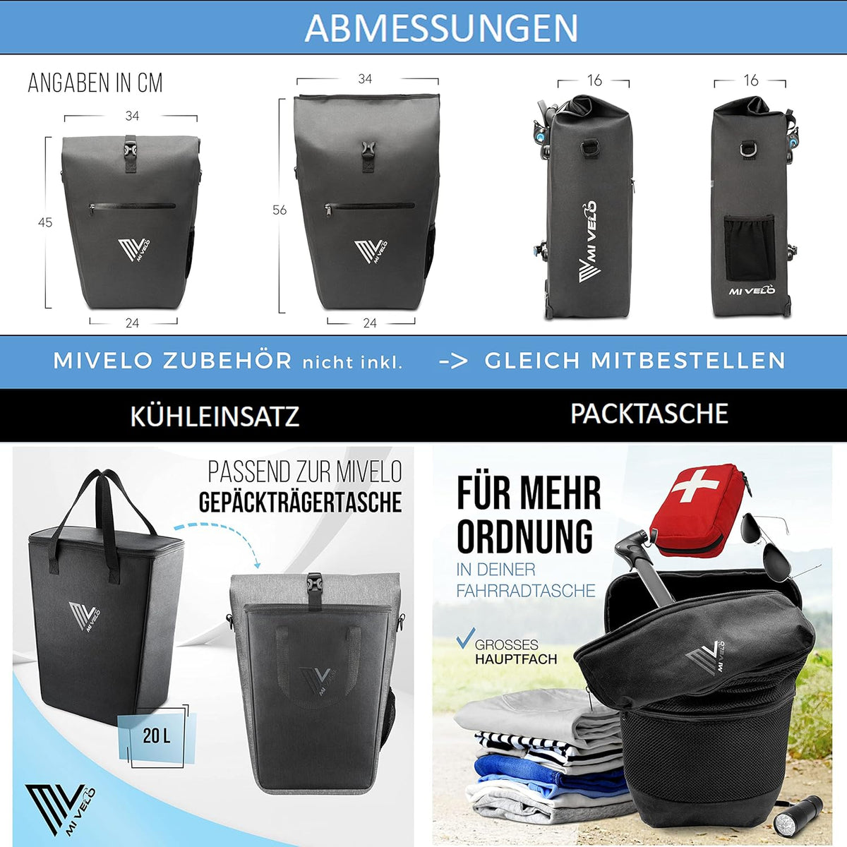 MIVELO Pannier - Étanche - 25L - Avec compartiment pour ordinateur portable et bandoulière - Gris