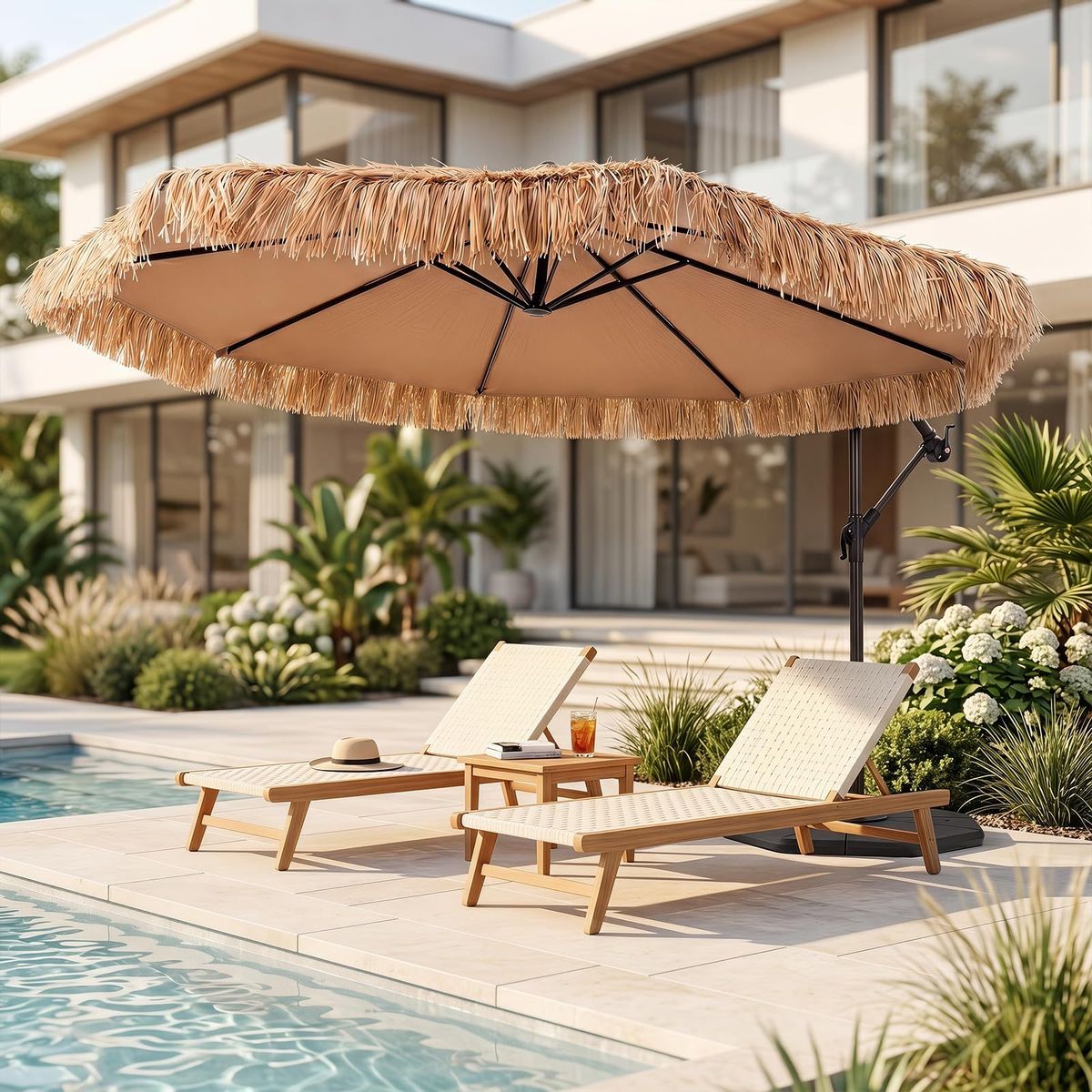 Parasol Coast Hawaii - articulation réglable - structure métallique avec pied en croix - couleur naturelle et noir - Ø 291 cm