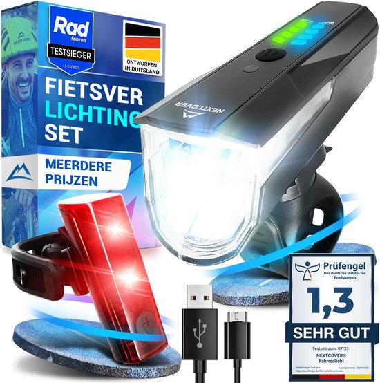 Kit d'éclairage pour vélo Nextcover - 80 lux - Rechargeable par USB - LightSense - StVZO - Noir