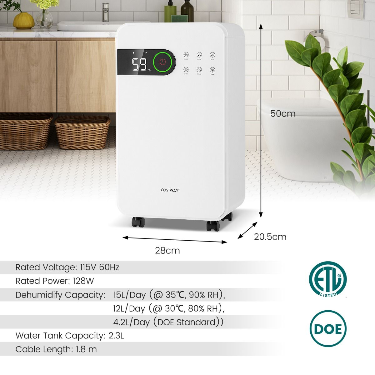 Déshumidificateur Coast - Réservoir d'eau de 2,3 litres - Mode veille - Minuterie 24 heures - Blanc