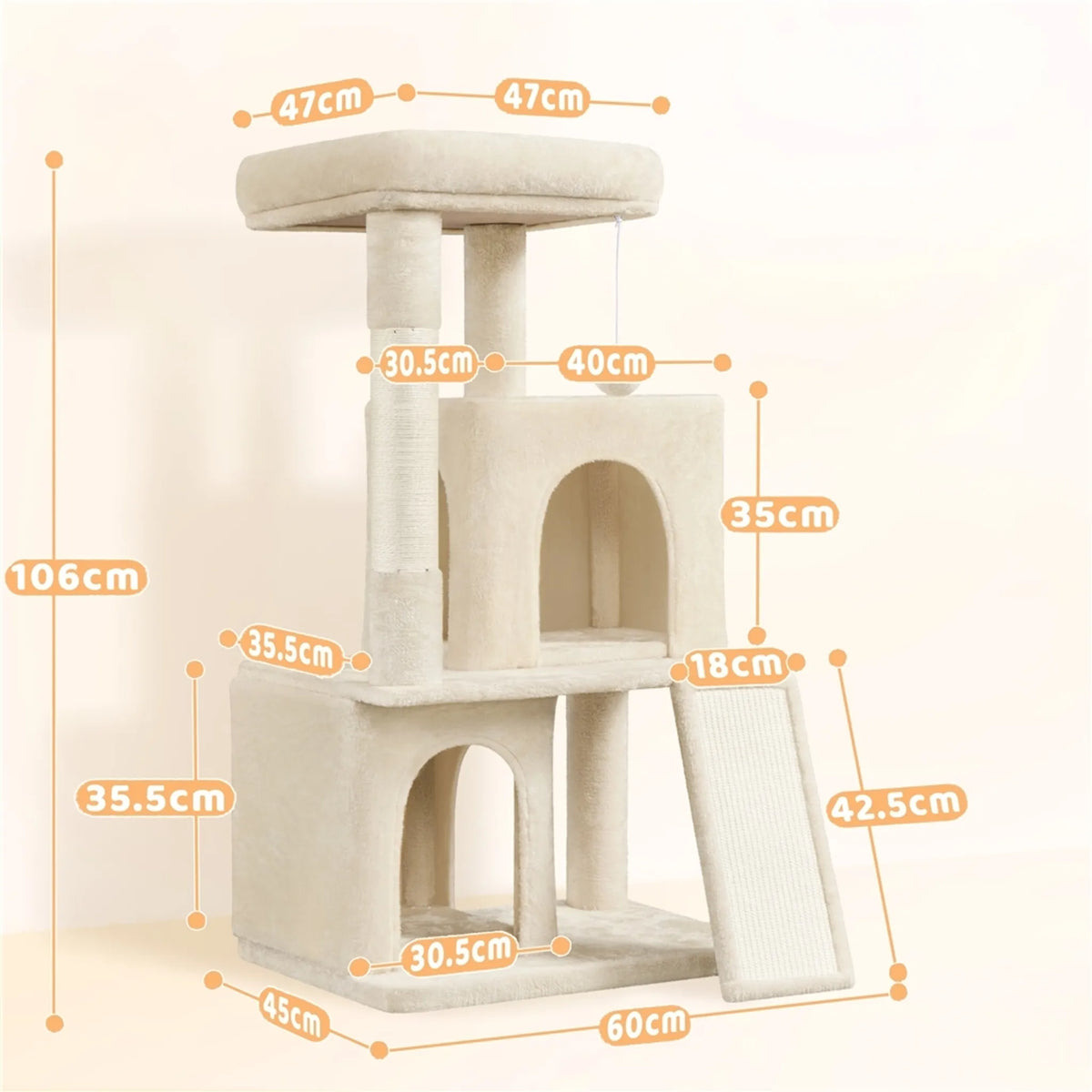Yaheetech Cat Post With 2 Cat Houses - Fitted With Sisal Scratching Post And Scratching Board And Viewing Platform - For Small And Medium Cats - Beige Plush And Particleboard - 60 x 45 x 106 cm
