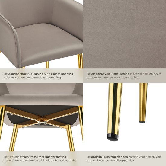 tectake® Chaise de salle à manger Avane - Aspect velours - Chaise rembourrée avec accoudoirs ergonomiques - Pieds fins en acier doré - Capacité 120 kg - Chaise de salle à manger et de cuisine confortable - Lot de 2 - Taupe