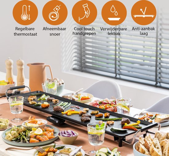 Plaque de cuisson Tristar BP-2984 - Plaque de cuisson Gourmet XL - Plaque de grill 90 cm - Pour 8 à 10 personnes - Avec thermostat réglable - Revêtement antiadhésif - Cordon d'alimentation extra-long - Noir