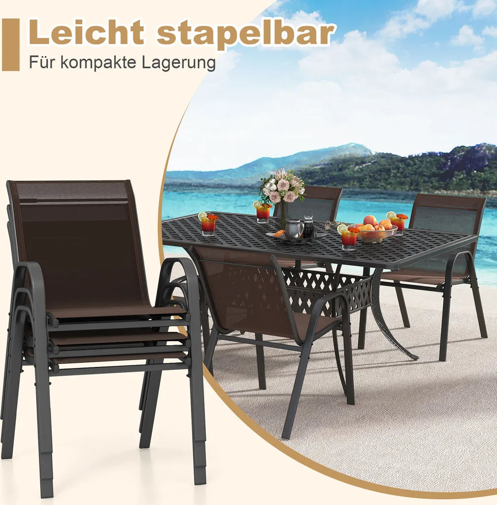 COAST Jeu de 4 chaises de jardin empilables, chaises de balcon, chaises de patio, chaises empilables avec accoudoirs jusqu'à 150 kg, 56 x 70 x 84 cm, marron