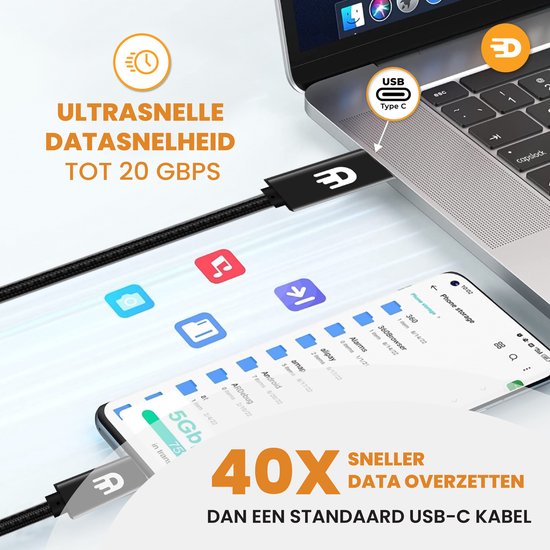 Drivv. Câble USB C vers USB C 3.2 - Chargeur rapide 100w - 3 mètres - 4K 60Hz - 20 Go - Convient à Samsung, Macbook, iPhone 15 et autres - Câble en nylon - Noir