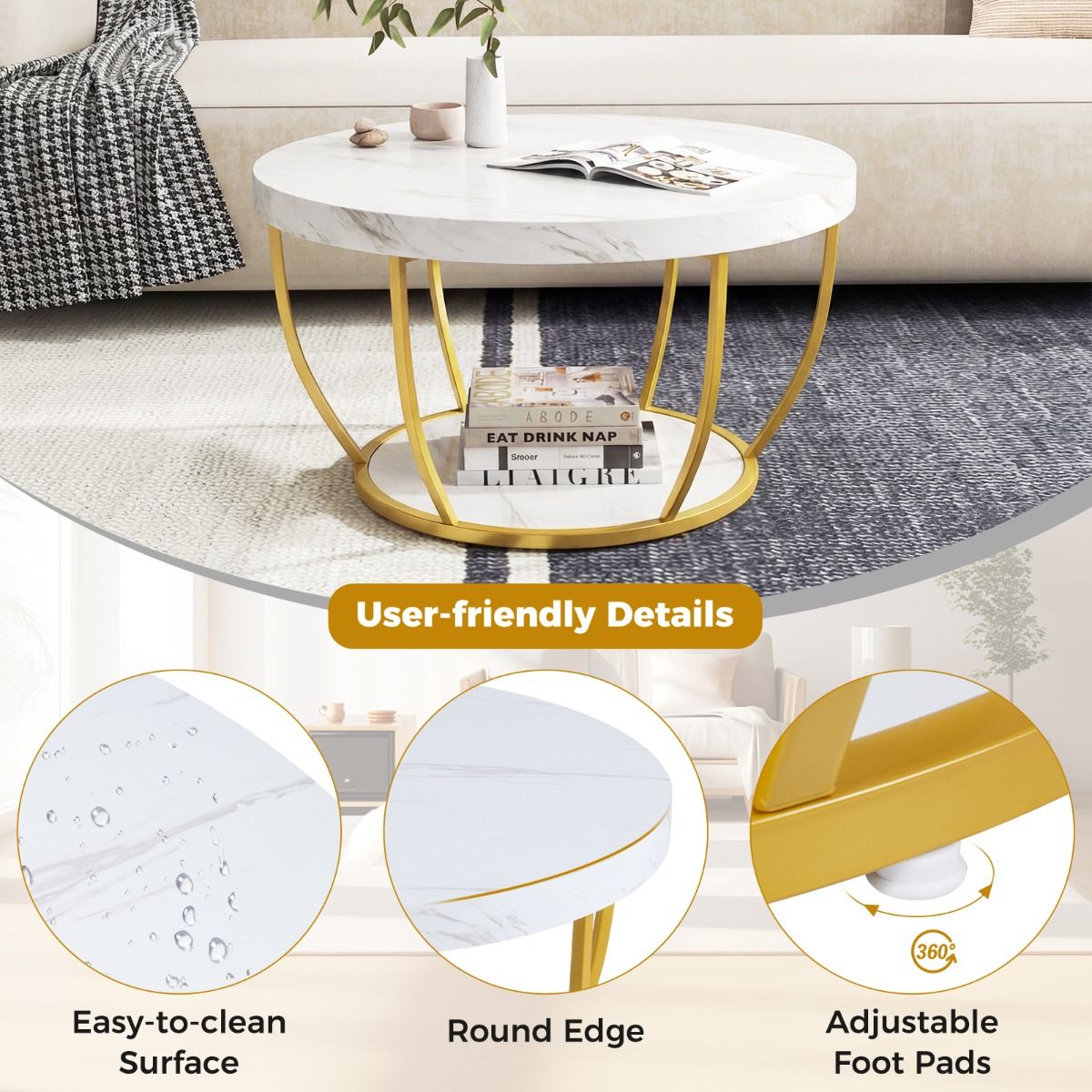 Table basse ronde Coast - 2 niveaux - structure métallique - blanche - 80 x 45 cm