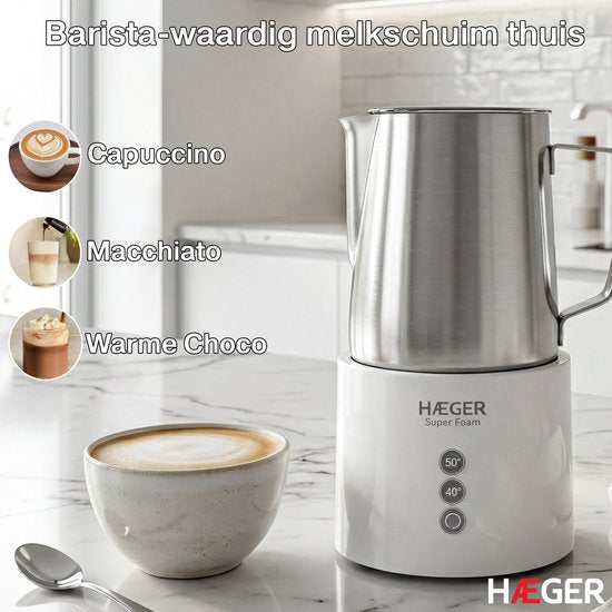 Mousseur à lait électrique Haeger Super Foam - Sans BPA ni PFAS - Fonction de maintien au chaud et revêtement antiadhésif - 250 ml - 600 W - Mousseur à lait pratique - Batteur à lait - Blanc