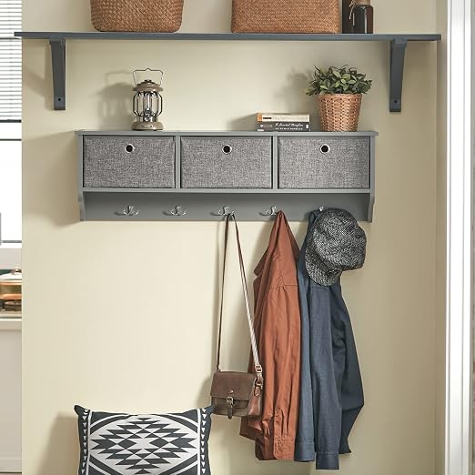 Porte-manteau mural SoBuy FRG282-HG – 3 paniers et 5 crochets – Gris – 100 x 20 x 31 cm