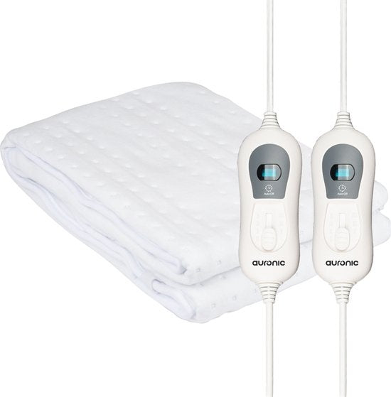 Couverture électrique - Auronic - 2 personnes - 160x140cm - avec élastiques d'angle et 2 contrôleurs - Blanc