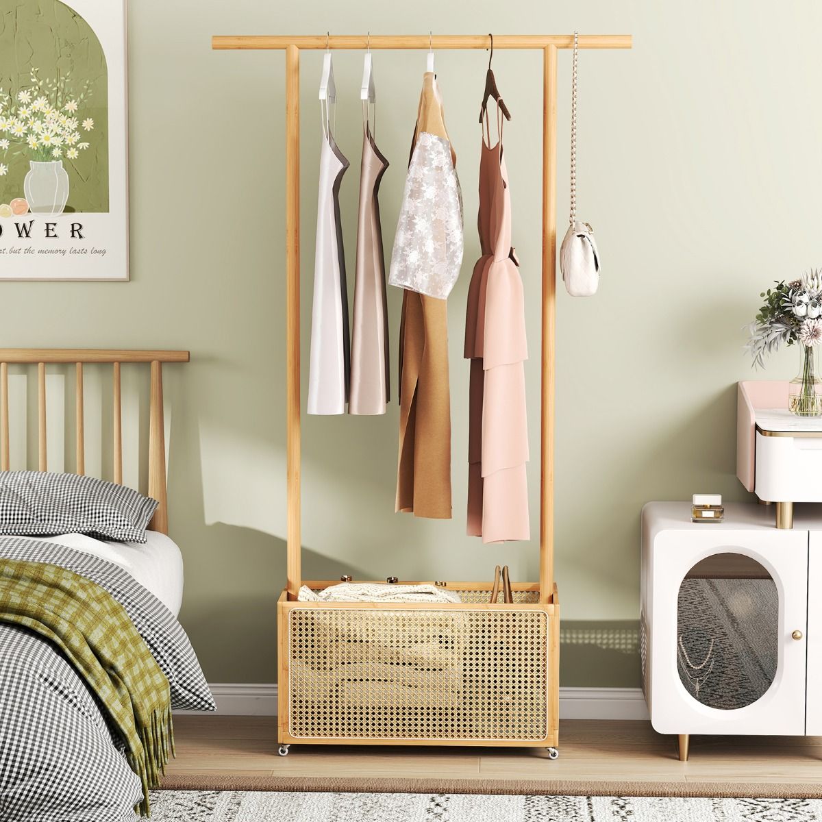 Porte-manteau Coast en bambou - avec panier de rangement et roulettes - couleur naturelle - 100 x 32,5 x 172 cm