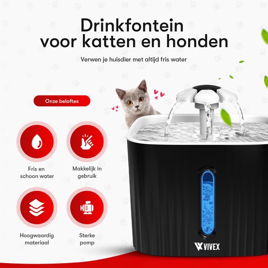 Fontaine à eau Vivex® - Fontaine à eau pour chats et chiens - 12 filtres et outils de nettoyage inclus - Très silencieuse - Filtres supplémentaires